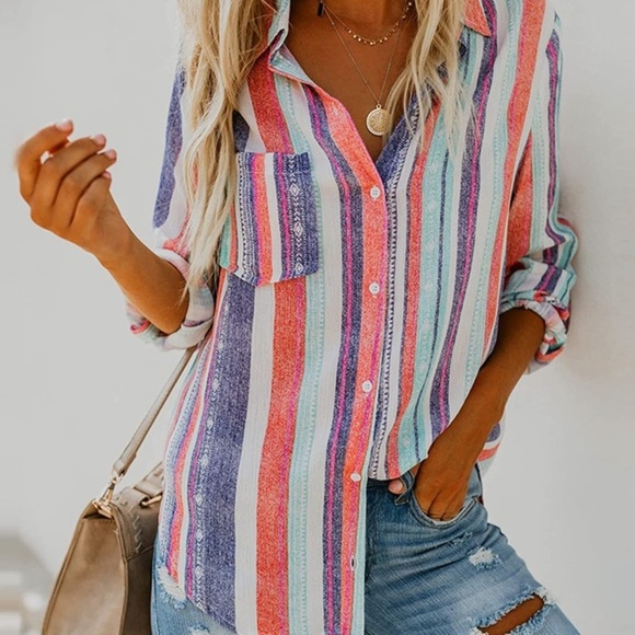Button Down V Neck Shirts Long Sleeve Blouse Colorful Striped Casual Work large‌ - Picture 3 of 12